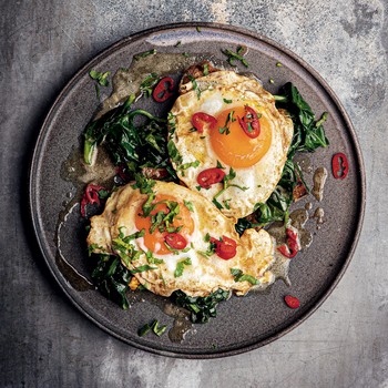 Fried Eggs And Spinach With Chilli And Parsley Butter