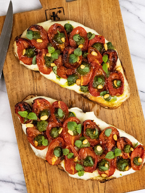 Bruschetta With Mozzarella, Pesto, Basil & Tomato Confit