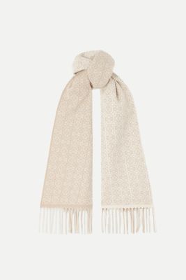 Reversible Leather-Trimmed Jacquard-Knit Cashmere Scarf  from Loewe