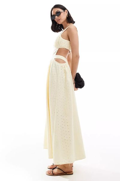 Cutwork Maxi Sundress In All Over Broderie With Ruched Bust