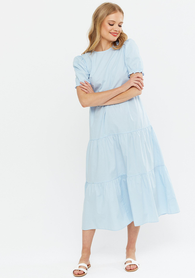 Pale Blue Poplin Tiered Midi Dress