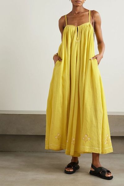 Zenobia Pintucked Embroidered Linen Maxi Dress from Thierry Colson 