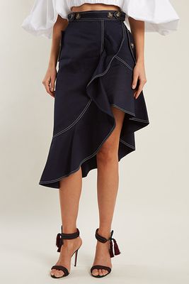 Asymmetric Flounce-Trimmed Cotton Twill Skirt from Self-Portrait