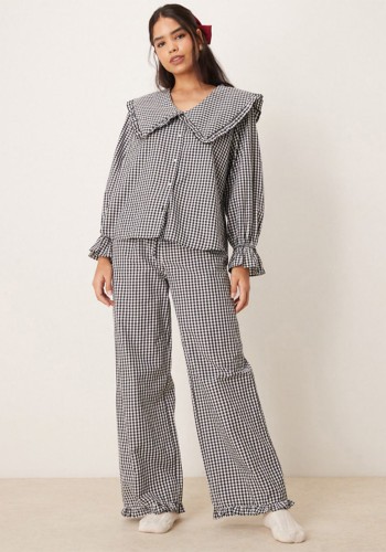 Oversized Collar Shirt & Frill Hem Trouser Pyjama Co-Ord