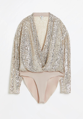 Silver Sequin Wrap Bodysuit from River Island