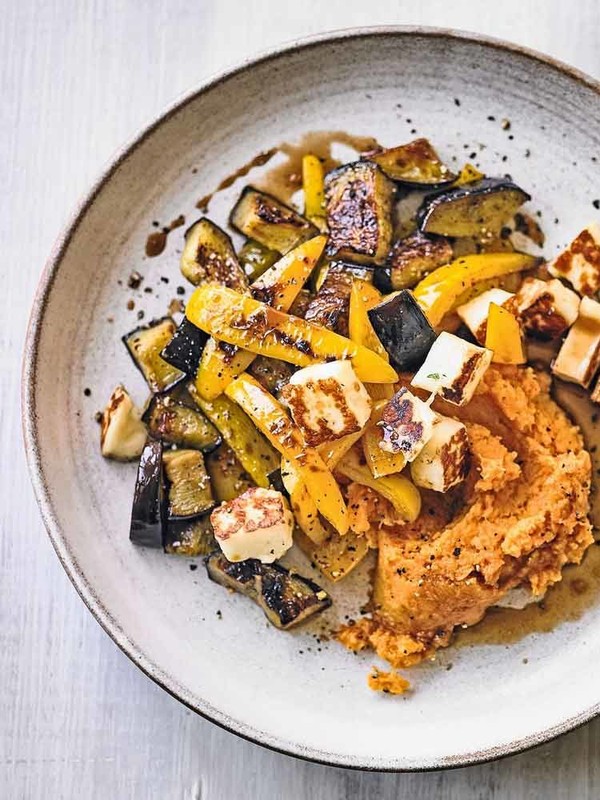 Halloumi, Pepper & Aubergines With Sweet Potato Mash