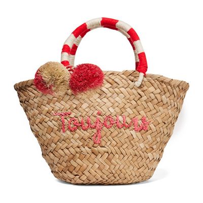 St Tropez Mini Pompom-Embellished Embroidered Straw Tote from Kayu