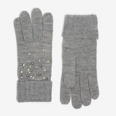 Grey Pearl Embellished Gloves