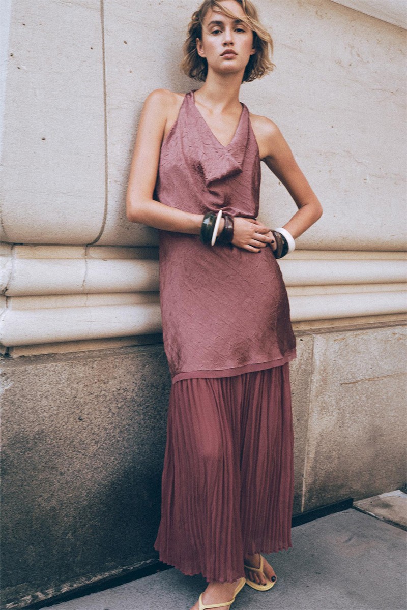 Pleated Contrast Midi Dress