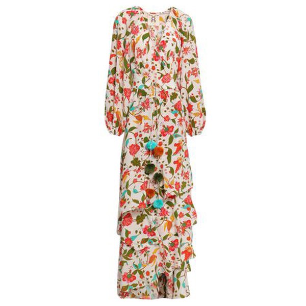 Tiered Floral-Print Silk Crepe de Chine Maxi Wrap Dress from Figue