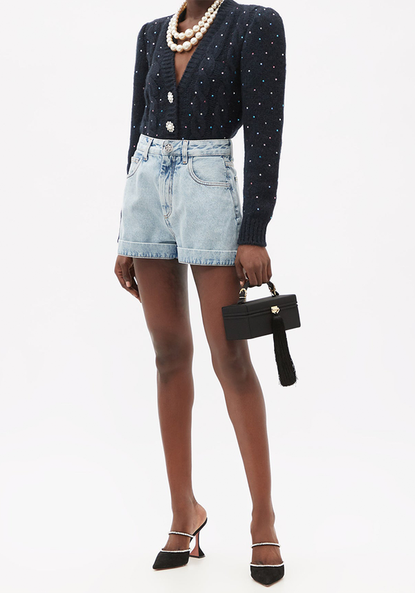 Crystal-Button High-Rise Acid-Washed Denim Shorts from Alessandra Rich