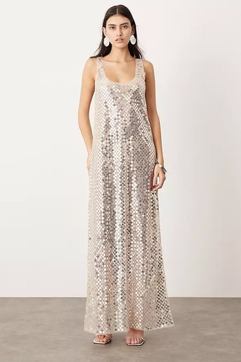 Sheer Disc Sequin Maxi Raw Edge Vest Dress 