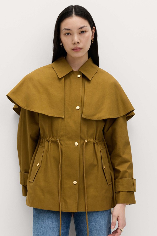 Pure Cotton Waisted Collared Cape Coat