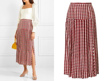 Tina Pleated Houndstooth Silk Crepe de Chine Midi Skirt from RIXO