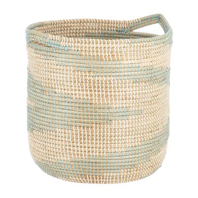 White & Teal Rattan & Bamboo Laundry Basket
