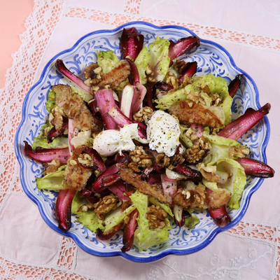 Treviso Radicchio Salad With Guanciale, Walnuts & Poached Eggs