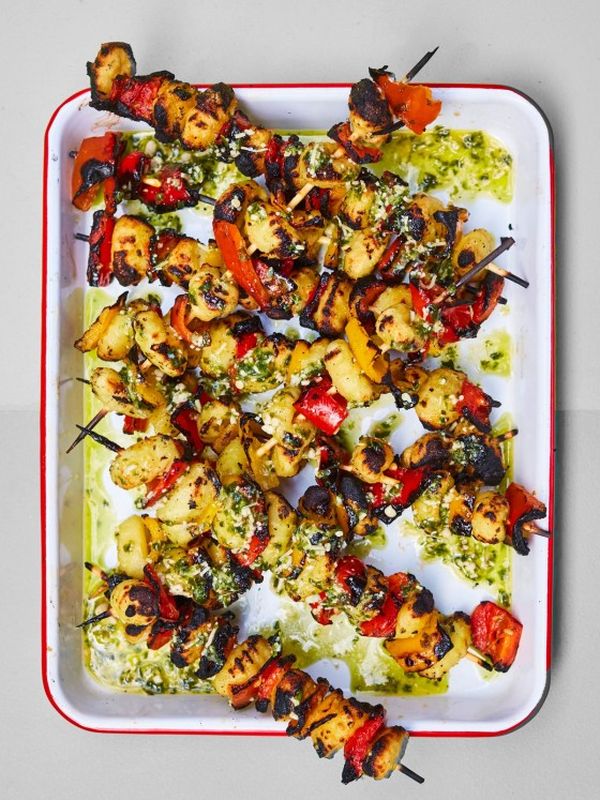 Crispy Gnocchi On A Stick With Charred Peppers & Basil Pesto