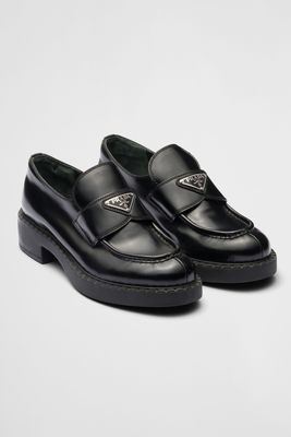 Chocolate Brushed Leather Loafers from Prada