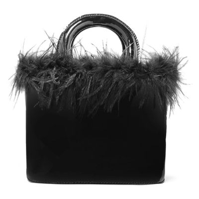 Nic Feather-Trimmed Patent-Leather Tote from Staud
