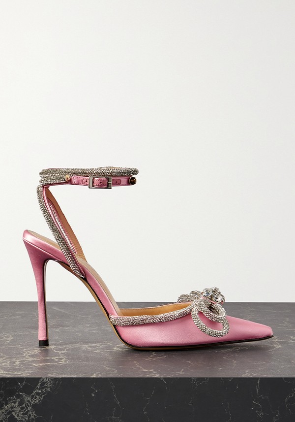 Double Bow Crystal-Embellished Silk-Satin Point-Toe Pumps from Mach & Mach