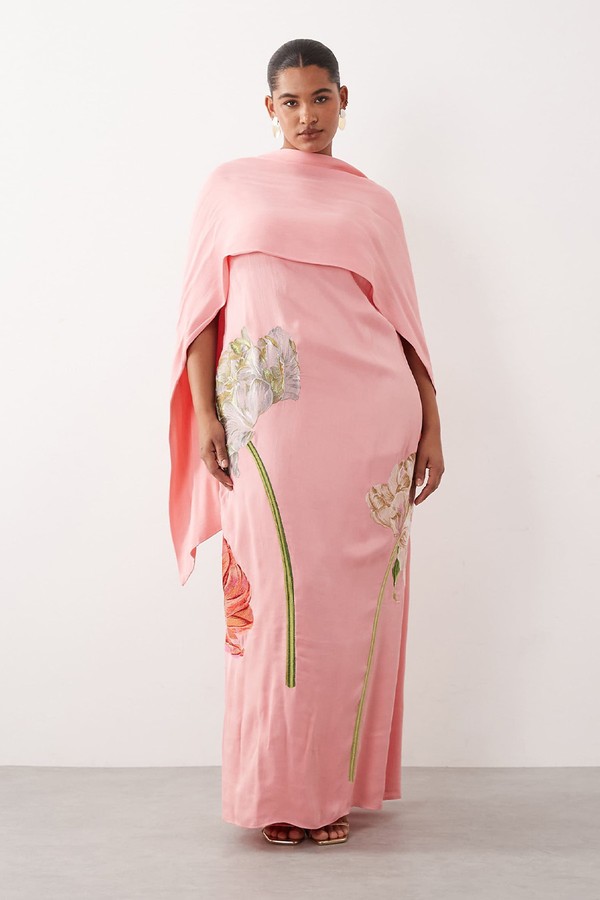 Floral Embroidered Satin Overlay Maxi Dress from ARRANGE