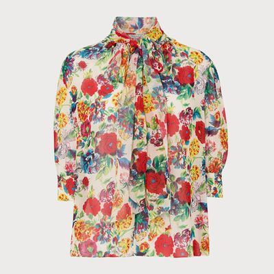 Holzer Painted Peony Print Pussy Bow Blouse