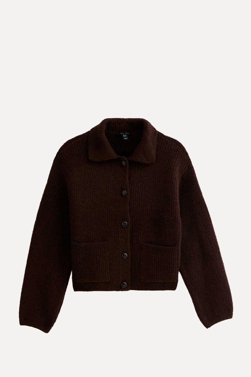 Ribbed Knit Collared Button Through Cardigan