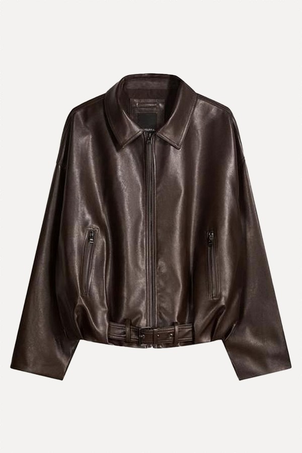Faux Leather Bomber Jacket With Belt from Bershka