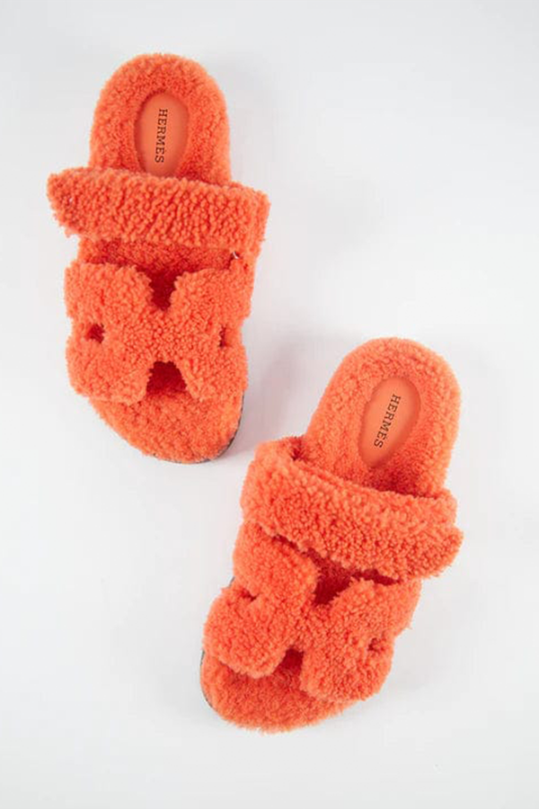 Full Shearling Chypre Sandal Orange Woolskin from Hermès