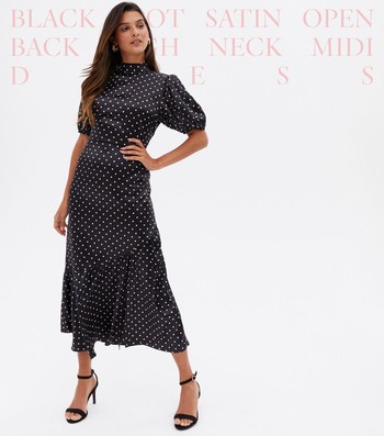 Spot Satin Open Back High Neck Midi Dress