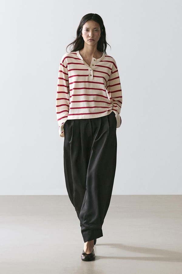 100% Cotton Striped Knit Henley Sweater from Massimo Dutti