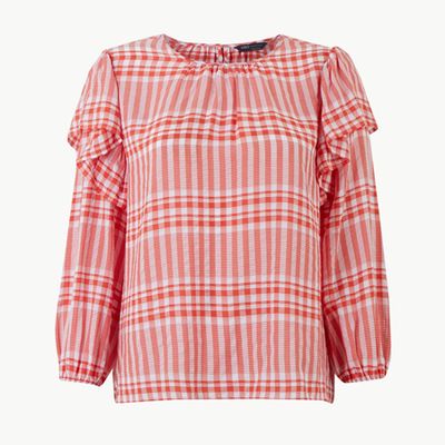 Checked Ruffle Sleeve Blouse