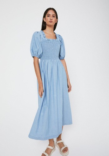  Denim Shirred Bodice Puff Sleeve Midi Dress