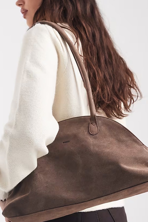 Faux Suede Curved Bowler Shoulder Bag from PASQ