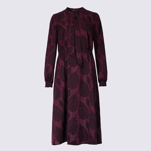 Jacquard Print Long Sleeve Shift Midi Dress