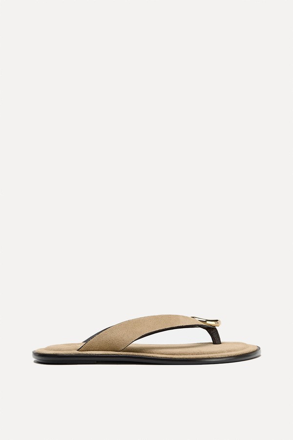 Flat Split Suede Sandals With Metal Embellishment