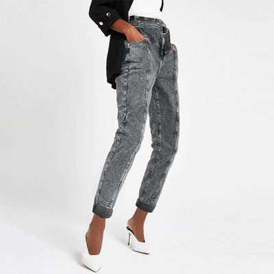 Grey Denim Paperbag Waist Utility Jeans
