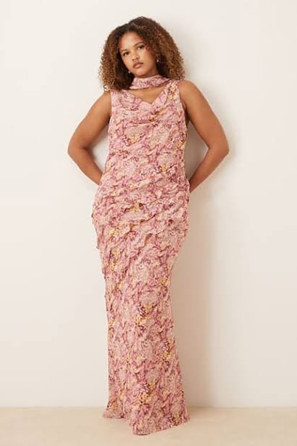 Scarf Ruffle Split Front Maxi Dress from Pretty Lavish