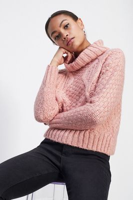 Pink Cable Roll Neck Knitted Jumper