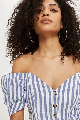 Striped Puff Sleeve Bardot Top from Topshop