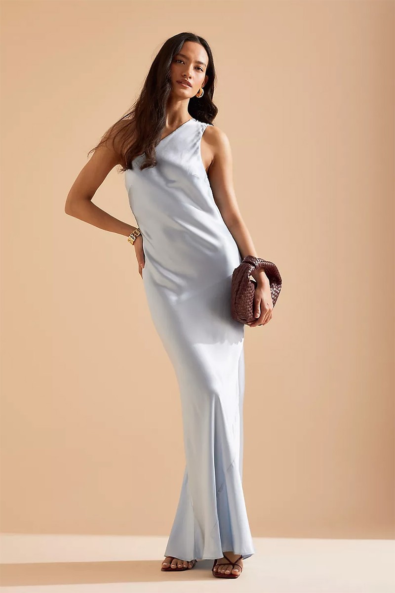 The Lily One-Shoulder Satin Maxi Slip Dress from Anthropologie