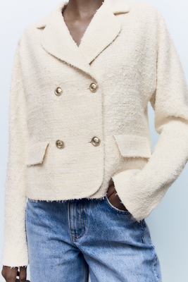 ZARA WOMAN Size XL CROPPED Wool Tweed BLAZER JACKET Oyster 8596/660  Bloggers fav