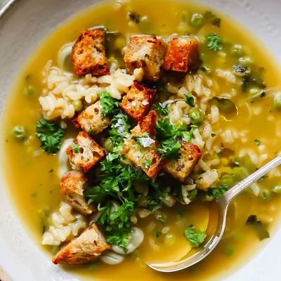 Pea & Broad Bean Risotto Soup