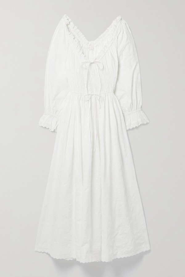 Isolde Shirred Broderie Anglaise Midi Dress from Dôen