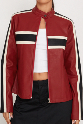 Oliver Zip Up Jacket In Pu Red With Ecru Stripe  from Motel Rocks