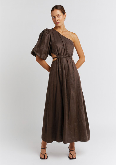 Bennett Dark Choc Linen Mid Dress