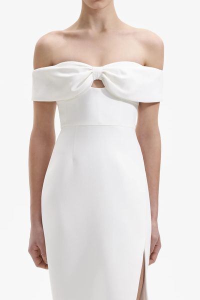 White Crepe Bow Off Shoulder Midi Dress from Self-Portrait