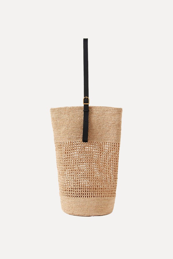 Billie Leather-Trimmed Raffia Bucket Bag from KHAITE