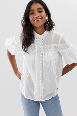 High Neck Top with Lace Inserts in Cotton from ASOS