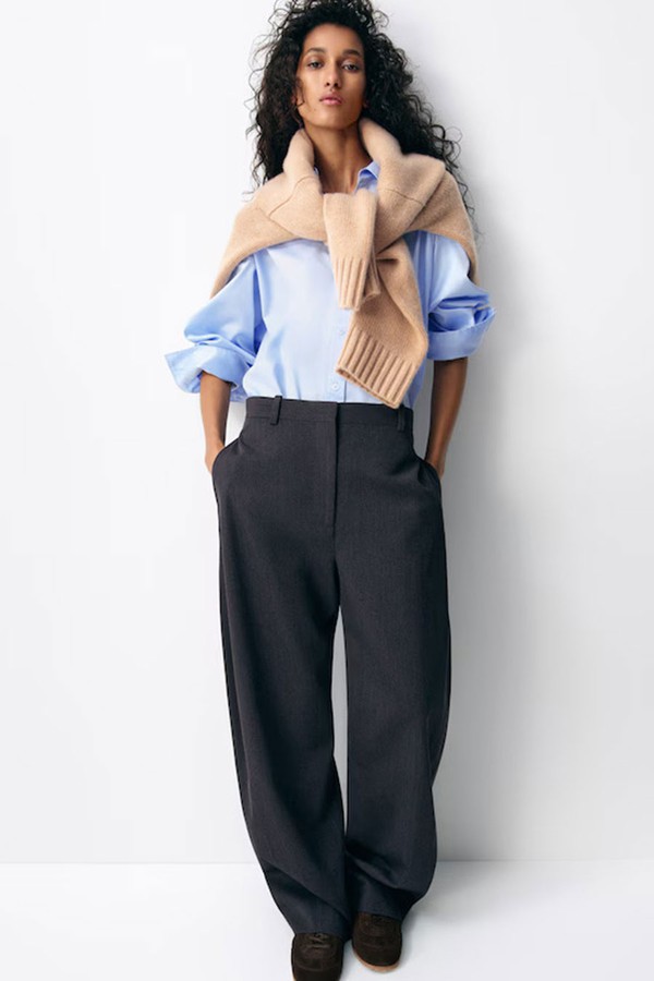 Wool-Blend Barrel-Leg Trousers